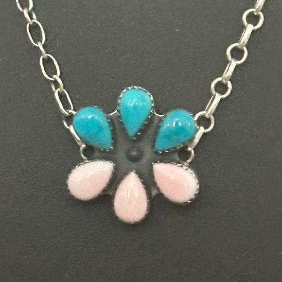 Turquoise pink conch southwestern sterling silver choker necklace - Picture 7 of 16